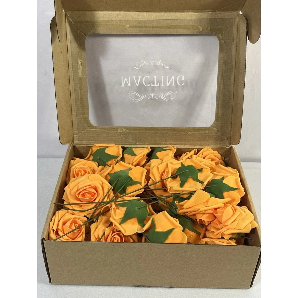 Artificial Rose Flowers 54 Pc Real Touch Fake Flowers with Stem Orange Faux Foam